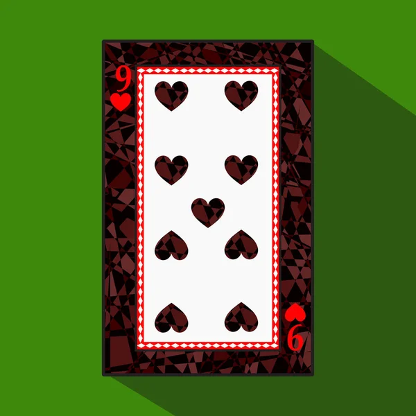 Playing card. the icon picture is easy. HEART NINE 9 about dark region boundary. a vector illustration on green background. application appointment for: website, press, t-shirt, fabric, interior, regi — Stock Vector