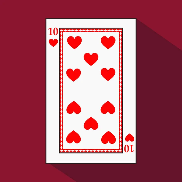 Hrací karta. Obrázek ikony je snadné. Srdce deset 10 s bílým základem substrát. vektorové ilustrace na červeném pozadí. schůzky aplikace: webové stránky, tisk, tričko, tkaniny, interiér, regist — Stockový vektor
