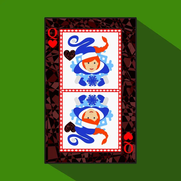玩纸牌。图标图片是很容易的。女王的心。新的一年的 Misiss 圣诞老人圣诞老人女孩。圣诞主题。关于黑暗区域边界。在绿色背景上的矢量图。应用程序 — 图库矢量图片