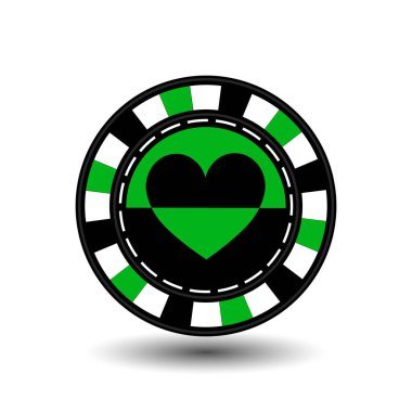 Poker için yeşil bir takım elbise kalp yeşil siyah ve beyaz noktalı çizgi çizgi fişleri. beyaz izole arka plan üzerindeki bir simge. illüstrasyon vektör eps 10. Web siteleri için kullanmak için tasarım, basın, yazdırır