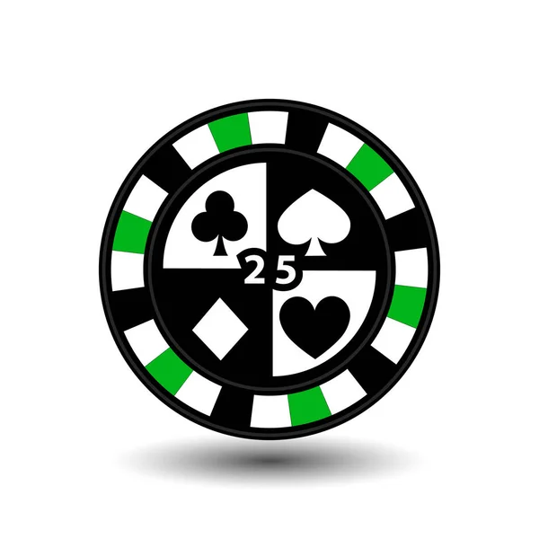 Fichas para poker verde quatro ternos e figura 25 e uma linha pontilhada branco a linha. um ícone no fundo isolado branco. ilustração eps 10 vetor. Para usar para os sites, design, a imprensa, impressão —  Vetores de Stock