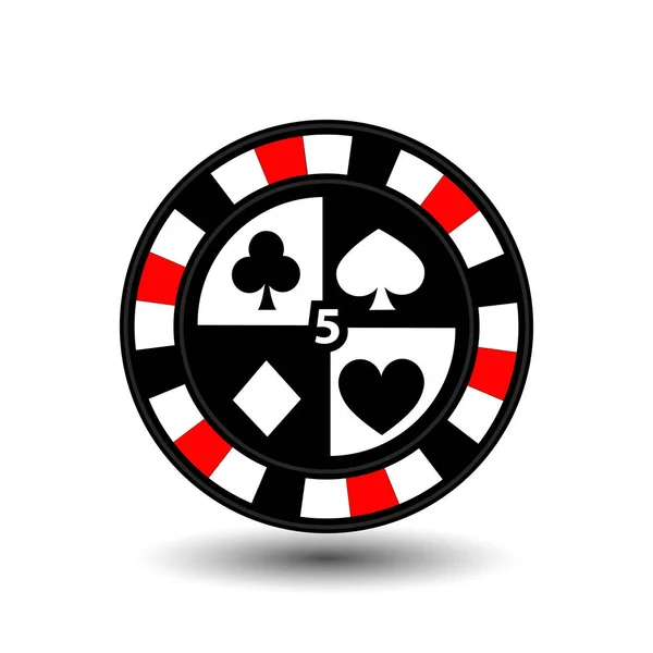 Chips for poker red four suits and figure five and a white dotted line the line. an icon on the white isolated background. illustration eps 10 vector. To use for the websites, design, the press, print — Stock Vector