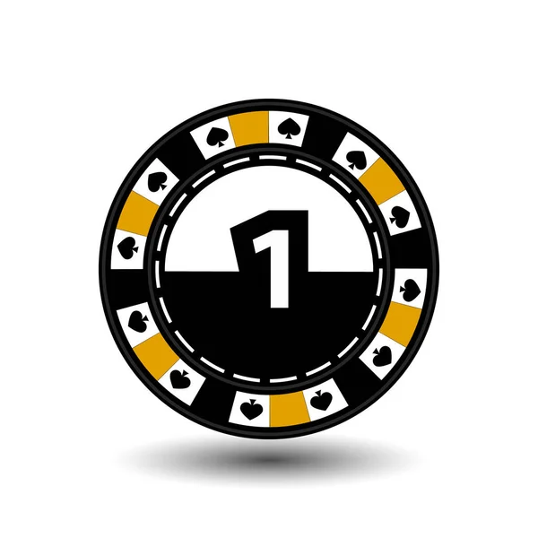 Čipy pro poker žluté uprostřed číslo jedna a srdce oblek do strany. kolo a bílá čára tečkovaná čára. ikona na bílém pozadí izolované. ilustrace vektorové eps 10. použití pro websit — Stockový vektor