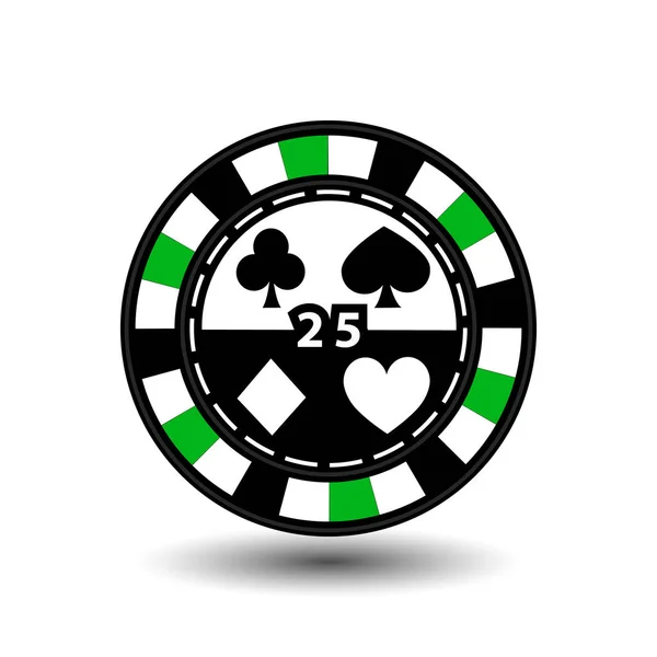 Chips for poker green 25 in the middle and rectangles with a side. round and white dotted line line. an icon on the white isolated background. illustration eps 10 vector. to use for the websites, desi — Stock Vector