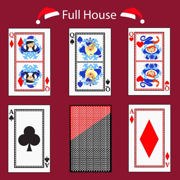 Full house carte à jouer combinaison de poker. illustration vectorielle eps 10. Sur fond rouge. À utiliser pour la conception, l'enregistrement, les sites Web, l'habillage, la presse, etc. . — Image vectorielle