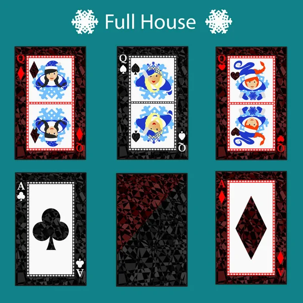 Full House Spielkarten Poker Kombination. Vektor Illustration Folge 10. auf grünem Hintergrund. für Design, Registrierung, Webseiten, Dressing, Presse usw. zu verwenden. — Stockvektor