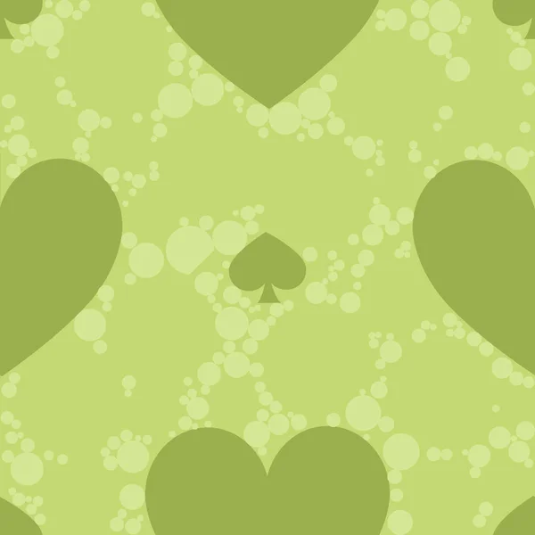 Patrón sin costuras. EPS 10 ilustración vectorial. utilizado para la impresión, Web site, diseño, ukrasheniayya, interior, telas, etc. palas y un traje de corazón de tarjeta verde en el fondo con círculos brillantes — Vector de stock