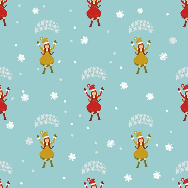 Seamless pattern. EPS 10 vector illustration. used for printing, websites, design, ukrasheniayya, interior, fabrics, etc. Christmas theme. Girl Santa Claus red and yellow parachute flies — Stock Vector