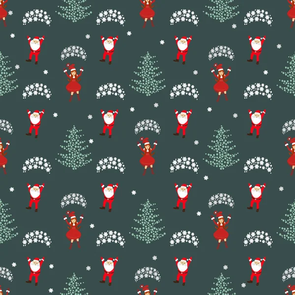 Padrão sem costura. EPS 10 ilustração vetorial. usado para impressão, sites, design, ukrasheniayya, interior, tecidos, etc. Tema de Natal. Menina Papai Noel vermelho pára-quedas voa e a árvore snowfla — Vetor de Stock