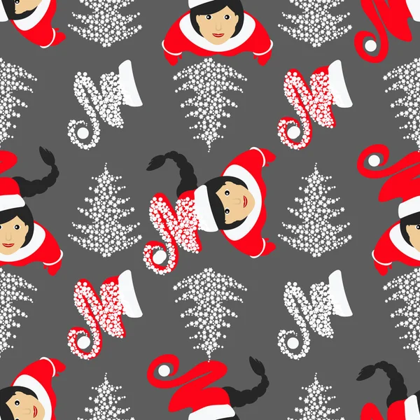 Seamless pattern. EPS 10 vector illustration. used for printing, websites, design, ukrasheniayya, interior, fabrics, etc. Christmas theme. Santa Claus kids on gray background among the snowflakes and — Stock Vector