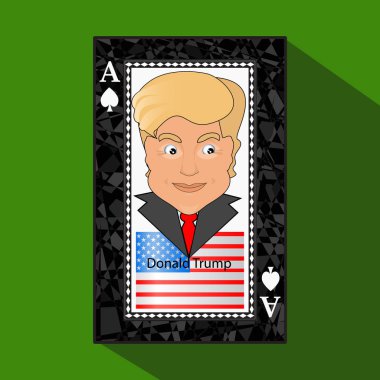 Simge vektör çizim bir ace Donald Trump kasanın kazanmak için oyun kağıdı zafer. Amerikan bayrağı. yeşil arka plan üzerinde