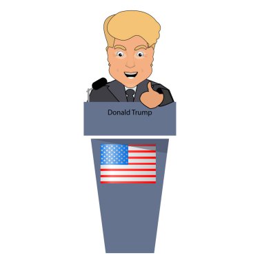 Donald trump Cumhurbaşkanı seçimleri 2016 zafer parmağını gülümse. Başkanlık koltuğu. Başarı mücadele. Bir röportajda bir tribün arkasında. Tartışma. Vektör çizim. Beyaz kolayca ayrılmış arka plan üzerinde