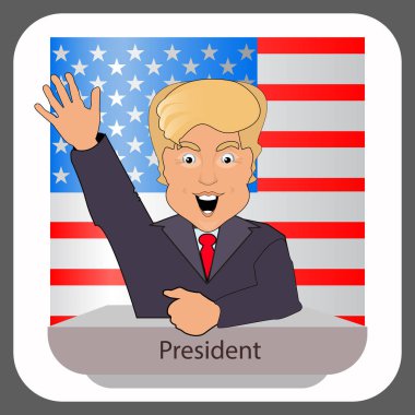 Donald trump Başkan gülümseme elinizi 2016 yılı seçimleri kaldırın. Başkanlık koltuğu. Başarı mücadele. Arka plan karşı Amerikan bayrağı arkasından. Vektör çizim. Beyaz üzerinde kolayca ayrılmış 