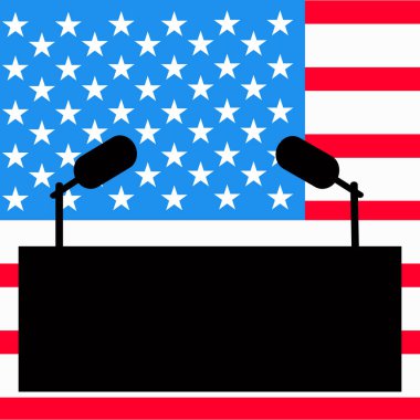 Tribün bir görüşme, Meclis Başkanı bir basın toplantısı için. Mikrofon Amerikan bayrağı arka planı. Vektör çizim.