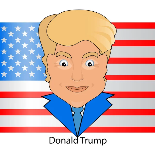 Donald Trump contra o pano de fundo da América uma bandeira. ilustração vetorial. cabeça ícone azul gravata e jaqueta — Vetor de Stock
