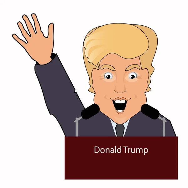 Donald Trumpthe président un sourire mains en l'air les élections de la victoire de 2016 lui donne une interview derrière tribune. Sur le fond blanc séparé. Vecteur d'illustration . — Image vectorielle