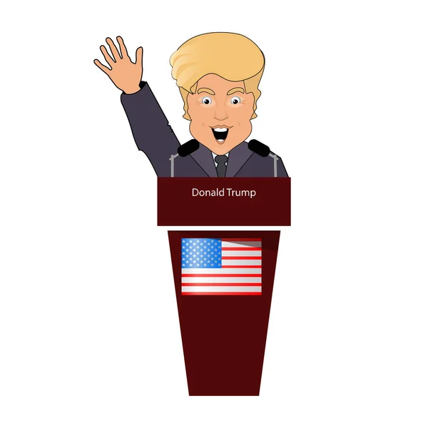 Donald koz Başkan bir gülümseme el mikrofon bir röportaj tribün arkasında. Seçimleri 2016. Başarı zafer mücadele. Vektör çizim. Beyaz arka planı se kolaydır — Stok Vektör