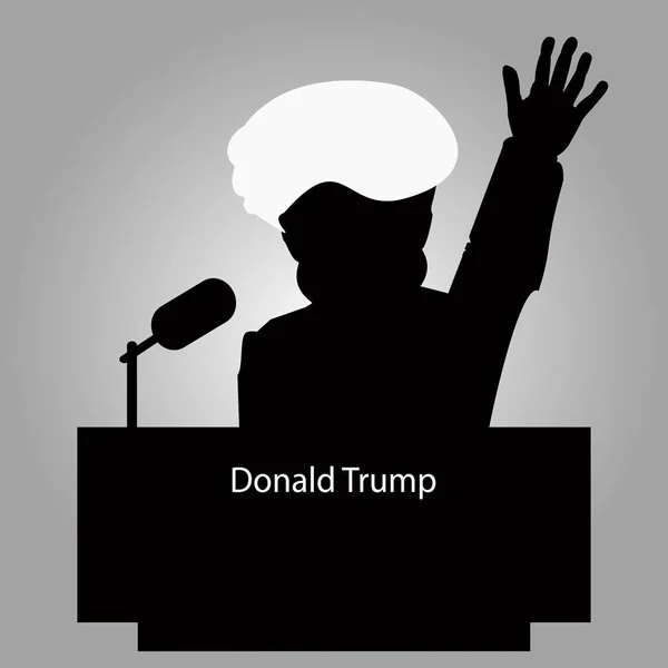 Donald Trump η Tribune μια σιλουέτα ένα εικονίδιο για συνέντευξη, χέρι επάνω. ομιλητής της συνέντευξης τύπου. Το μικρόφωνο επάνω ελαφρύς υπόβαθρο. Εικονογράφηση διάνυσμα. — Διανυσματικό Αρχείο