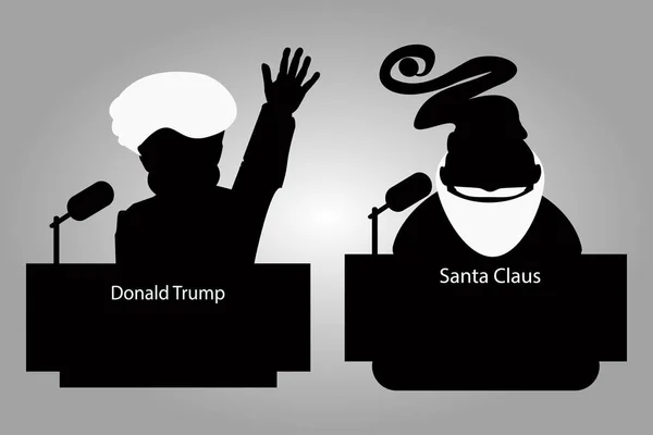 Donald Trump y Santa Claus de una tribuna siluetas un icono para la entrevista, entregar. orador conferencia de prensa. El micrófono sobre fondo claro. Ilustración vectorial . — Archivo Imágenes Vectoriales