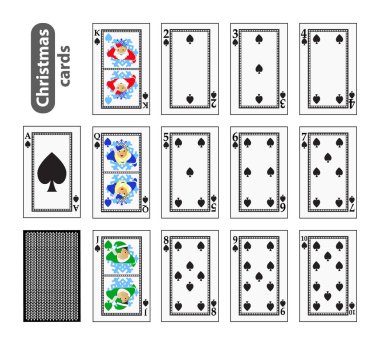 Kartlar Poker ayarla Noel simgeler. Black Spade takım. Noel Baba, kız ve elf. İllüstrasyon vektör. Site, baskı, kağıt, kumaş, Dekorasyon, tasarım, vb için kullanın. EPS 10
