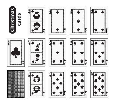 Kartlar Poker ayarla Noel simgeler. siyah bir takım elbise. Noel Baba, kız ve elf - sadece şematik, liflerin düzenli bir biçimde. İllüstrasyon vektör. Site, baskı, kağıt, kumaş, Dekorasyon, tasarım, vb için kullanın. EPS