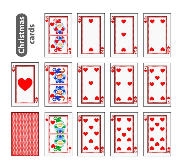 卡扑克设置圣诞图标。红色的心。圣诞老人，女孩和小精灵。矢量图。利用网站、 印刷、 纸、 布、 装饰、 设计等。Eps 10 — 图库矢量图片