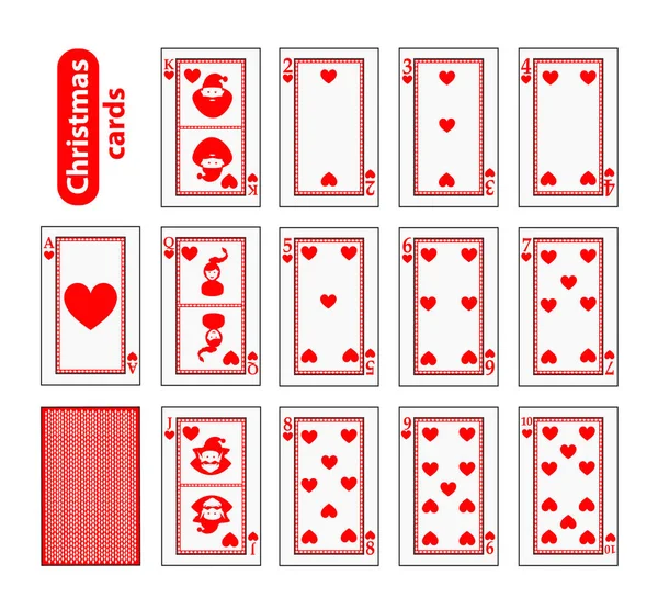 Karten Poker Set Weihnachtssymbole. Farbe rotes Herz. Weihnachtsmann, Mädchen und Elfe - nur schematisch, einheitlich. Illustrationsvektor. Verwendung für die Website, Druck, Papier, Stoff, Dekoration, Design, etc. eps — Stockvektor