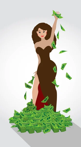 Dolar。お金山女性のヒープ — ストックベクタ