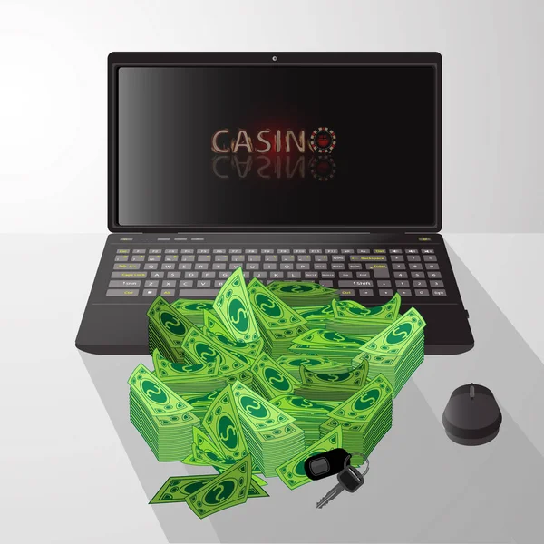 Laptop und Haufen Dollars Casino-Gewinne — Stockvektor