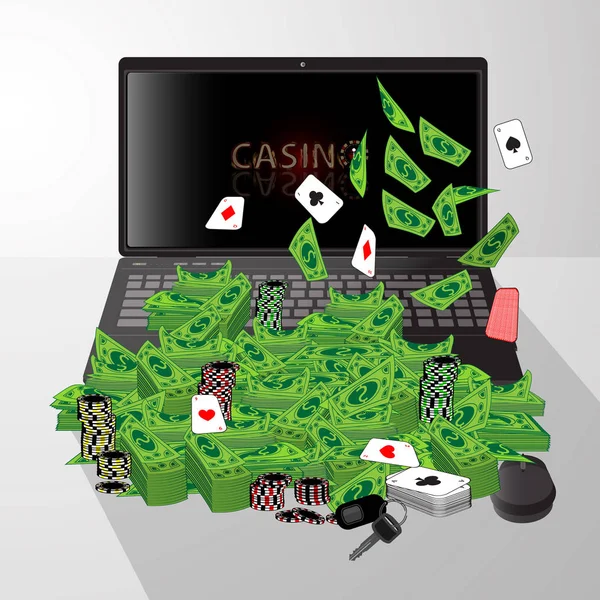 Laptop und Haufen Dollars Casino Chipkarten — Stockvektor
