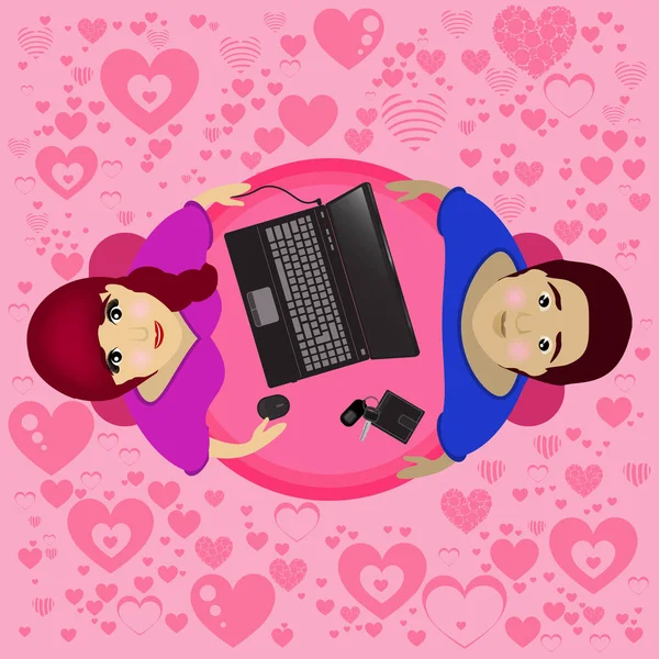 ノート パソコンとテーブルで愛情のあるカップル. — ストックベクタ
