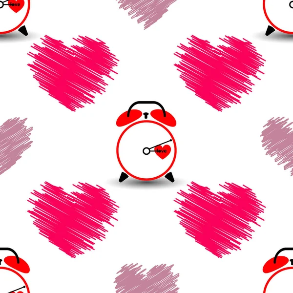 Heart and watch the time of love. Seamless pattern. — Stock Vector