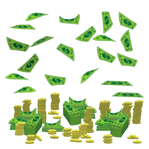 Pilha um monte de moedas e dinheiro de papel dólar —  Vetores de Stock