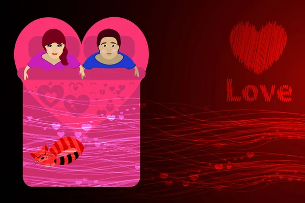 Paar im Bett. roter Hintergrund. Valentinstag — Stockvektor