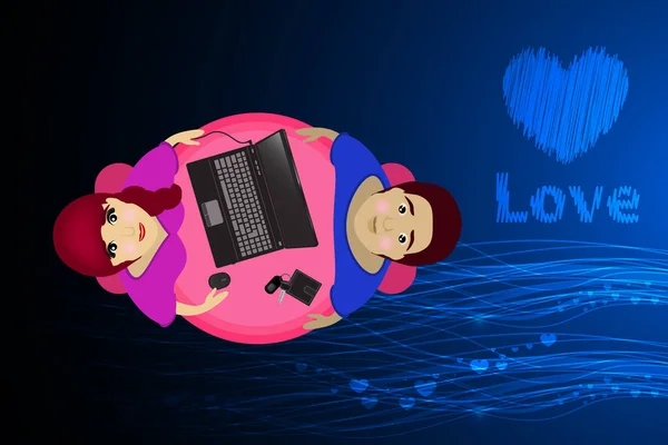 Dizüstü bilgisayar çifti. arka plan mavi. Sevgililer günü — Stok Vektör
