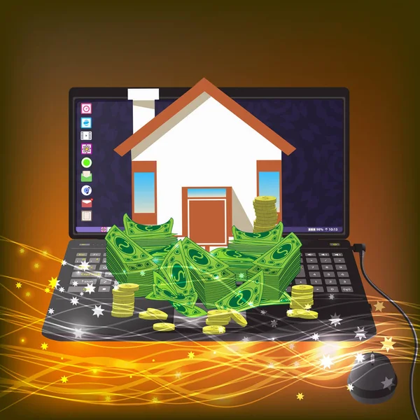 Maison avec l'argent sur une icône d'ordinateur. or — Image vectorielle