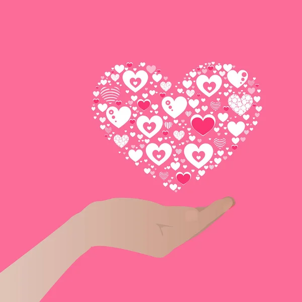 Hand hält ein Herz aus verschiedenen Herzen — Stockvektor