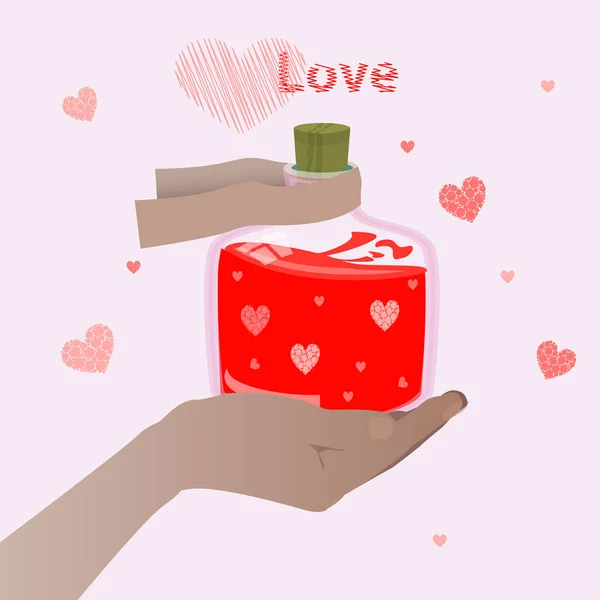 Hand hält einen Liebestrank. Valentinstag — Stockvektor