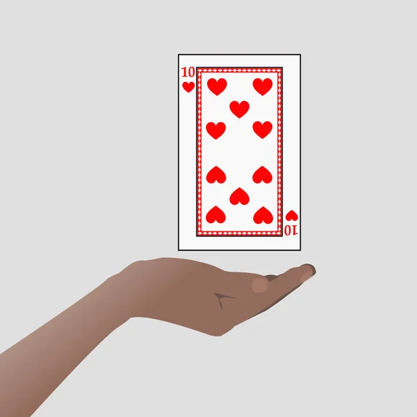 Hand, die eine weiße Karte mit zehn Herzen hält. Illustrationen — Stockvektor