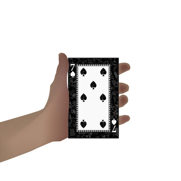 Hand hält eine schwarze Karte Klub sieben Abbildungen — Stockvektor
