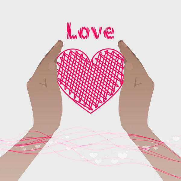 Två händer som håller en rosa hjärta med linjen — Stock vektor