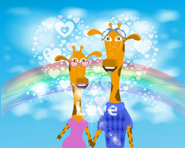 Illustratie van de Giraffe. lucht hart-, regenboog- en wolken — Stockvector