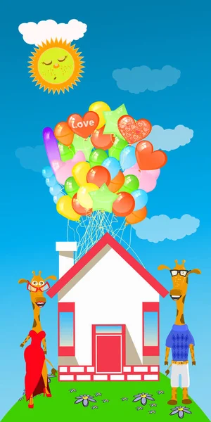 Giraf met een heleboel ballonnen in het huis — Stockvector