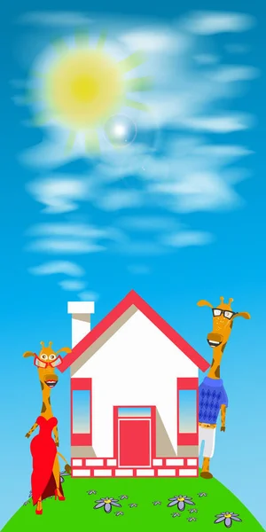 Giraffen echtpaar een huis op de heuvel. hypotheek — Stockvector