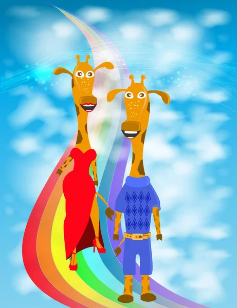 Illustratie giraffe paar lopen op een regenboog — Stockvector