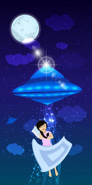 UFO abduction of a person asleep. — Stock Vector