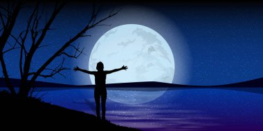 Gece gökyüzü adam aya yayma siluet eller