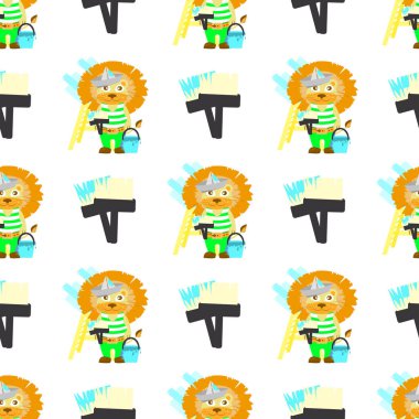 Aslan ressam. Fırça ve boya bir kova