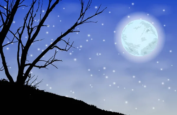 Bomen silhouet nacht maan. Illustratie — Stockvector