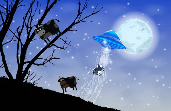 UFO abducts sylwetka krów. Krowa na drzewie — Wektor stockowy